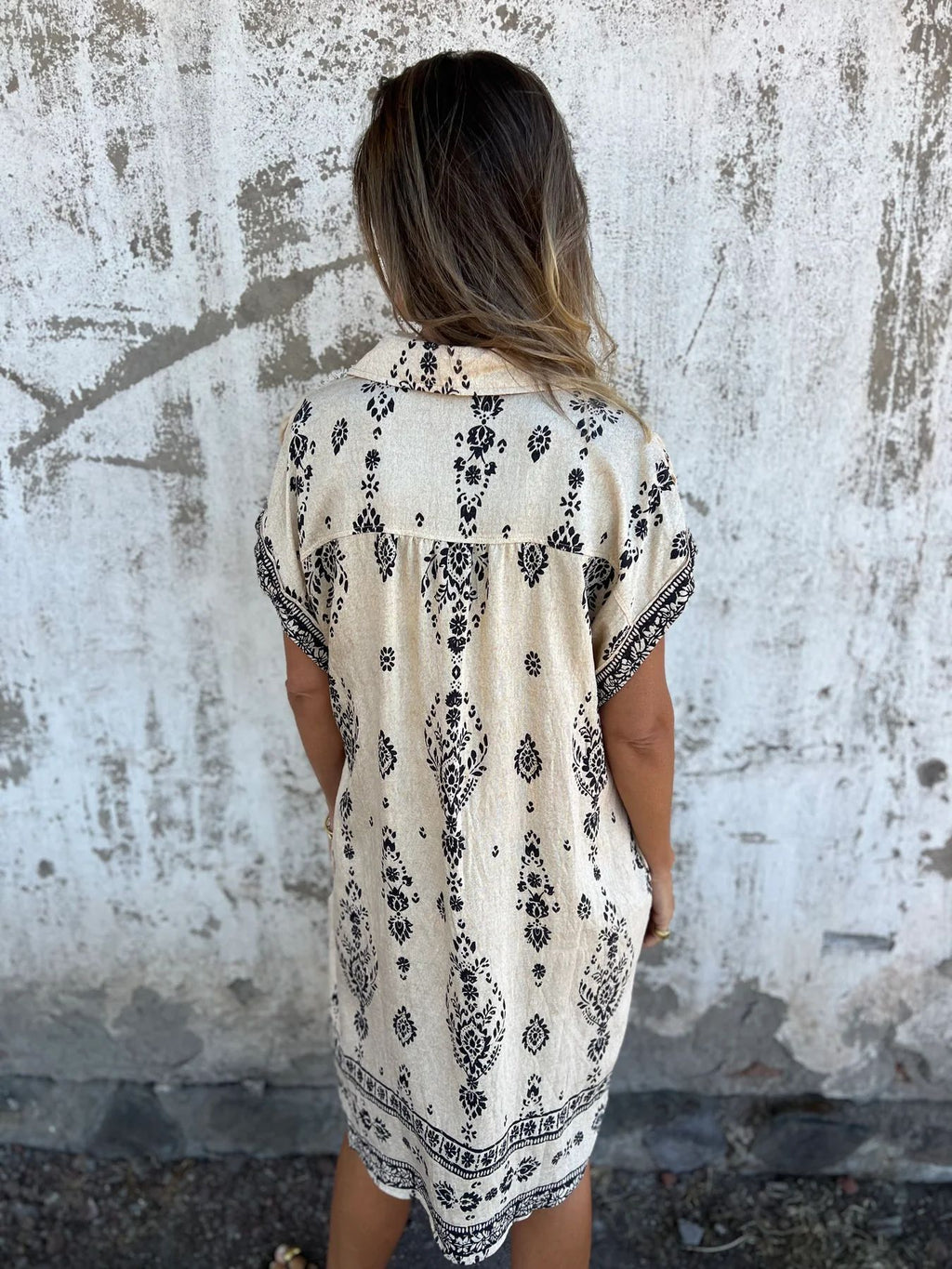 Boho Print Button Down Short Shirt Dress - Beige - 5