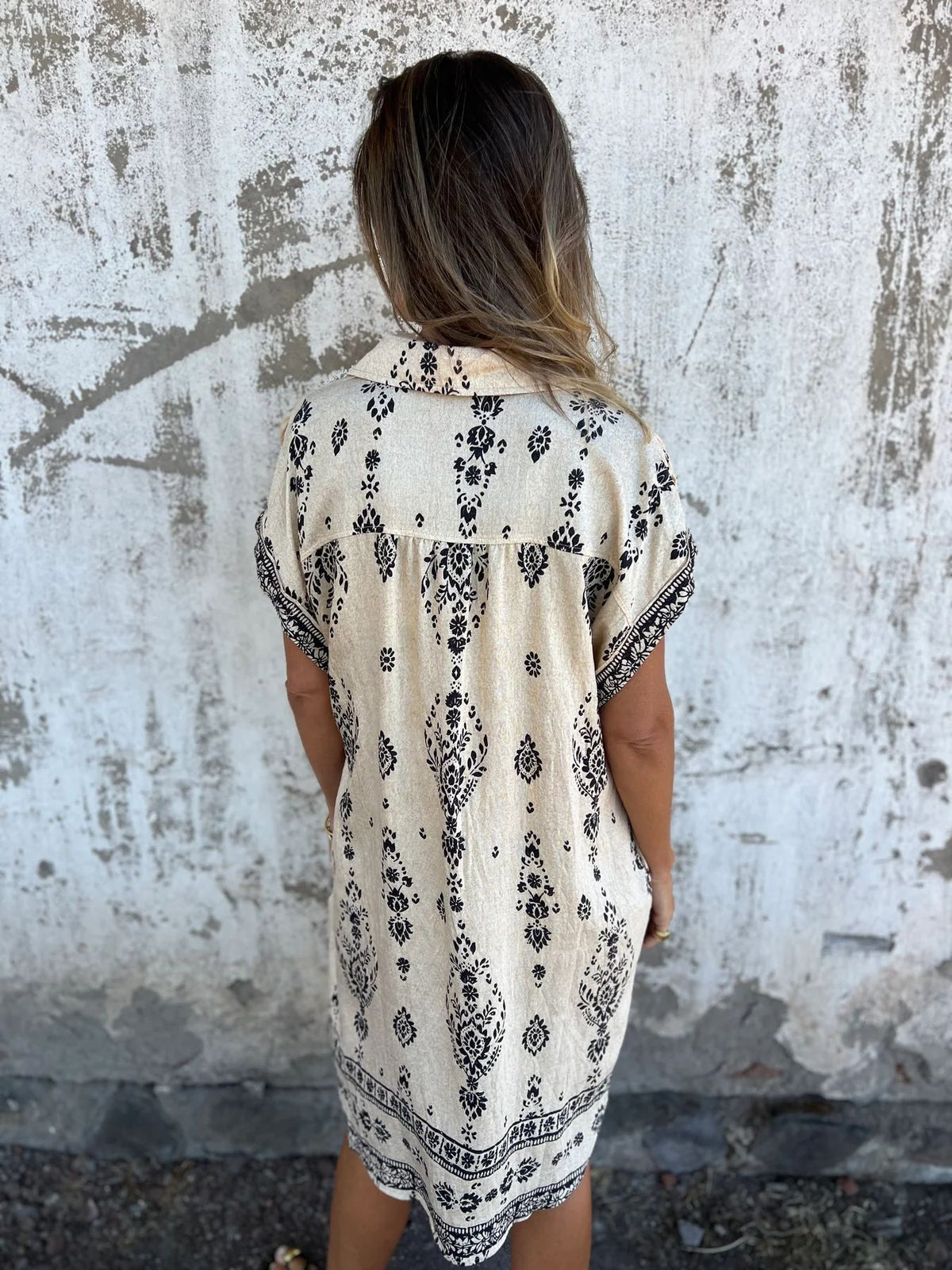 Boho Print Button Down Short Shirt Dress - Beige - 5