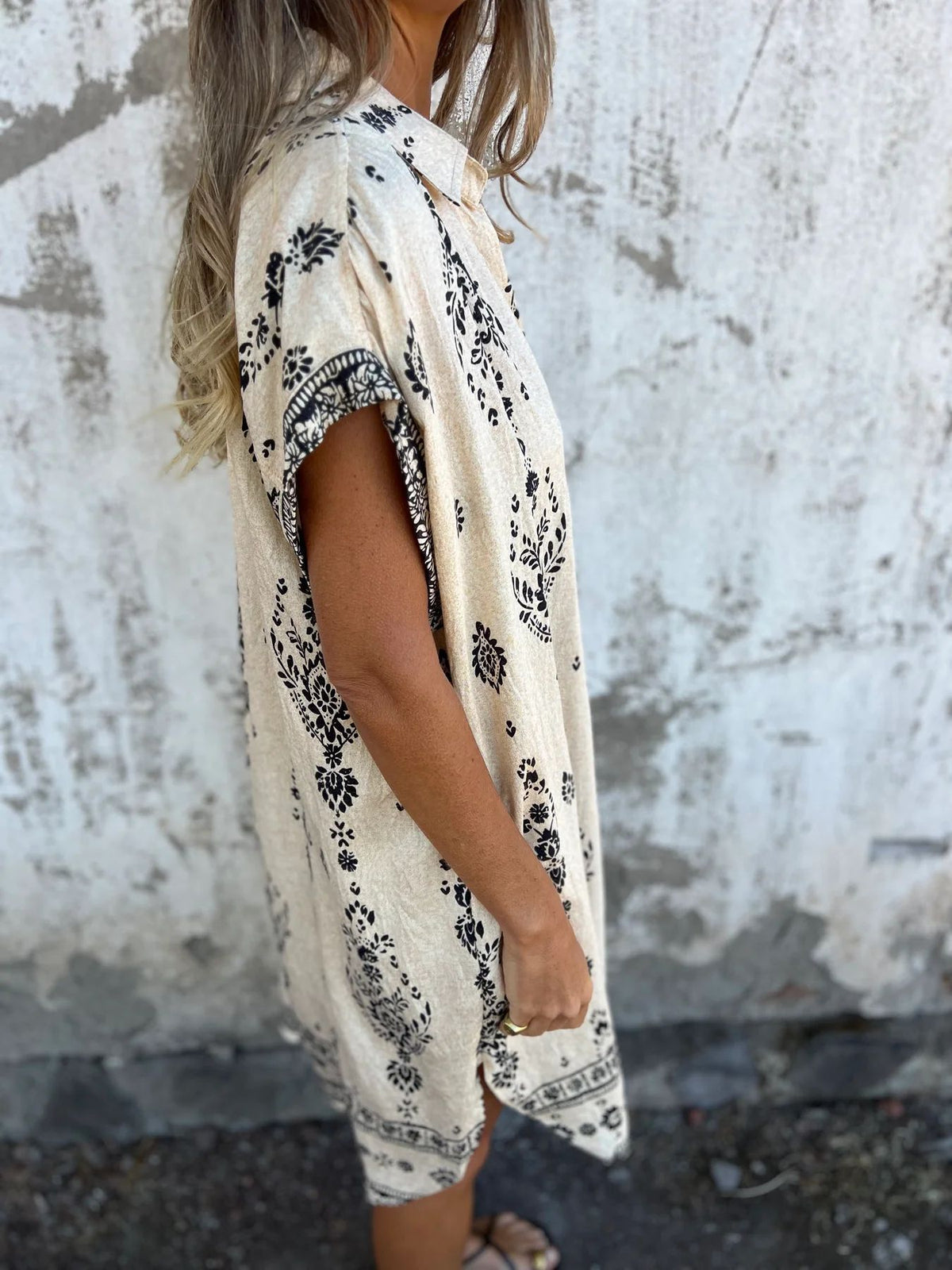 Boho Print Button Down Short Shirt Dress - Beige - 6