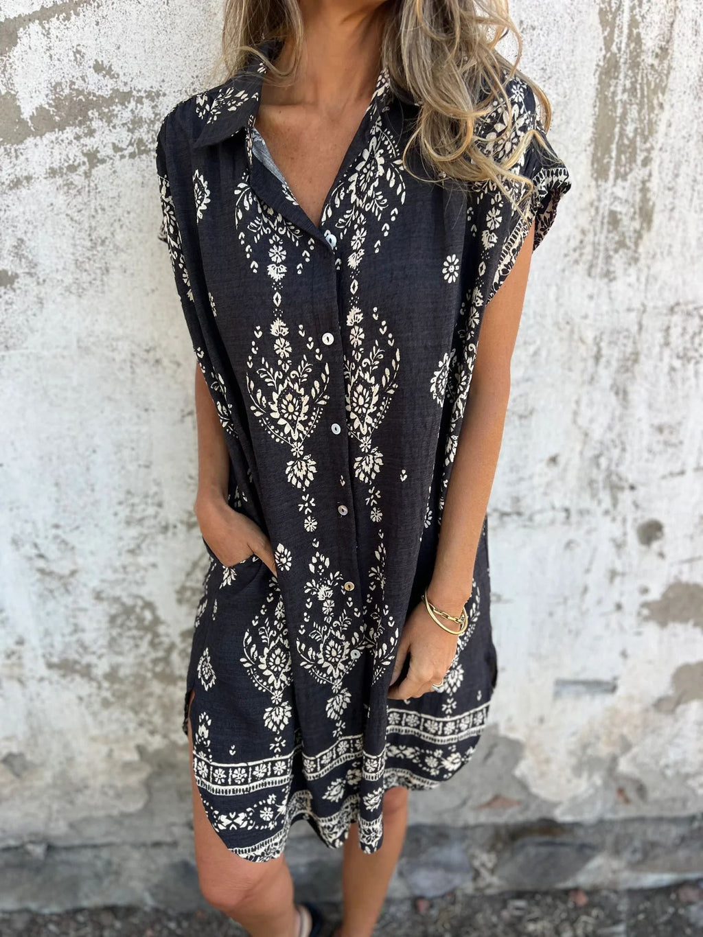 Boho Print Button Down Short Shirt Dress - Black