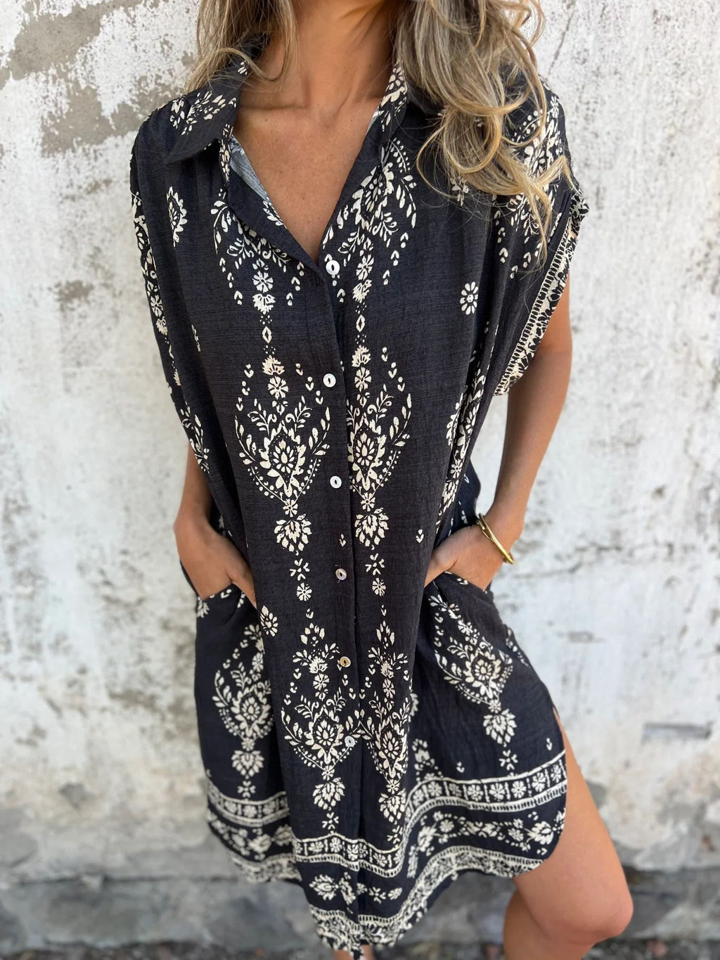 Boho Print Button Down Short Shirt Dress - Black - 1