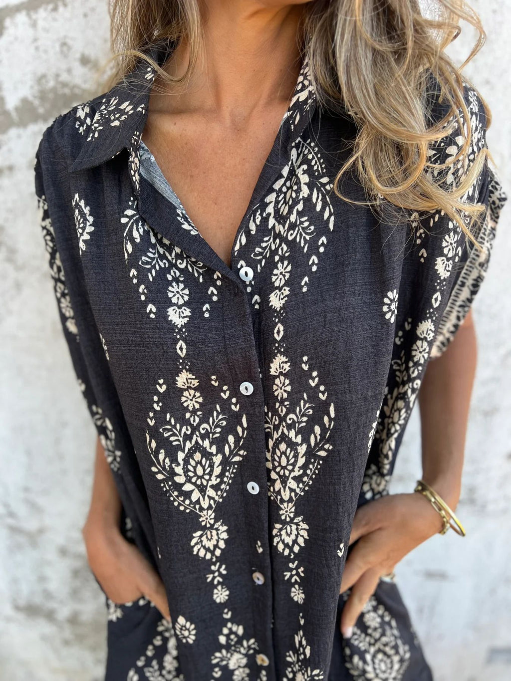 Boho Print Button Down Short Shirt Dress - Black - 3