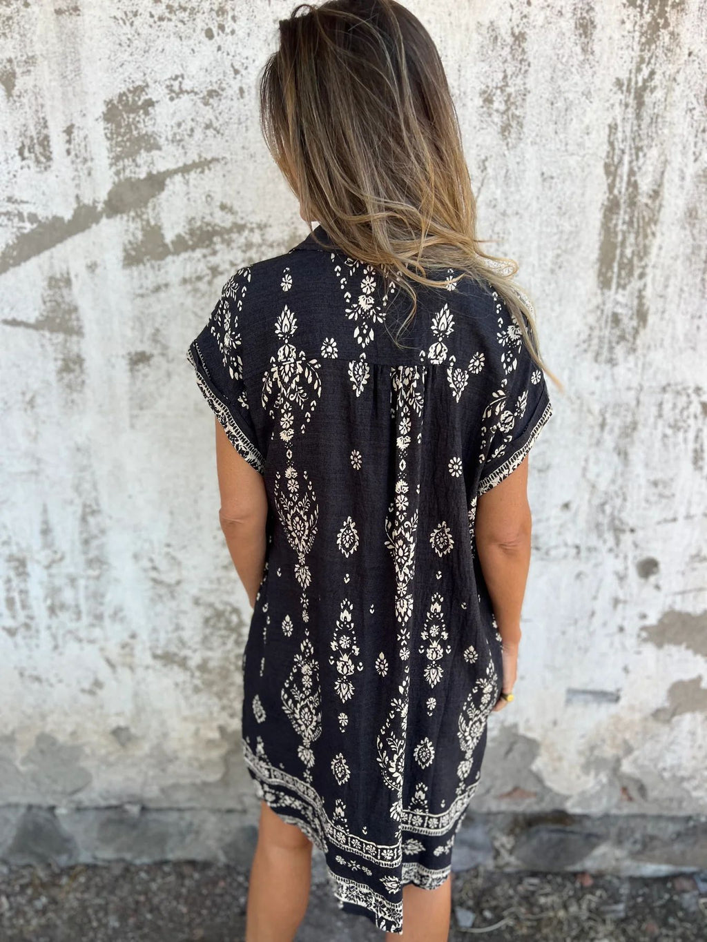 Boho Print Button Down Short Shirt Dress - Black - 4