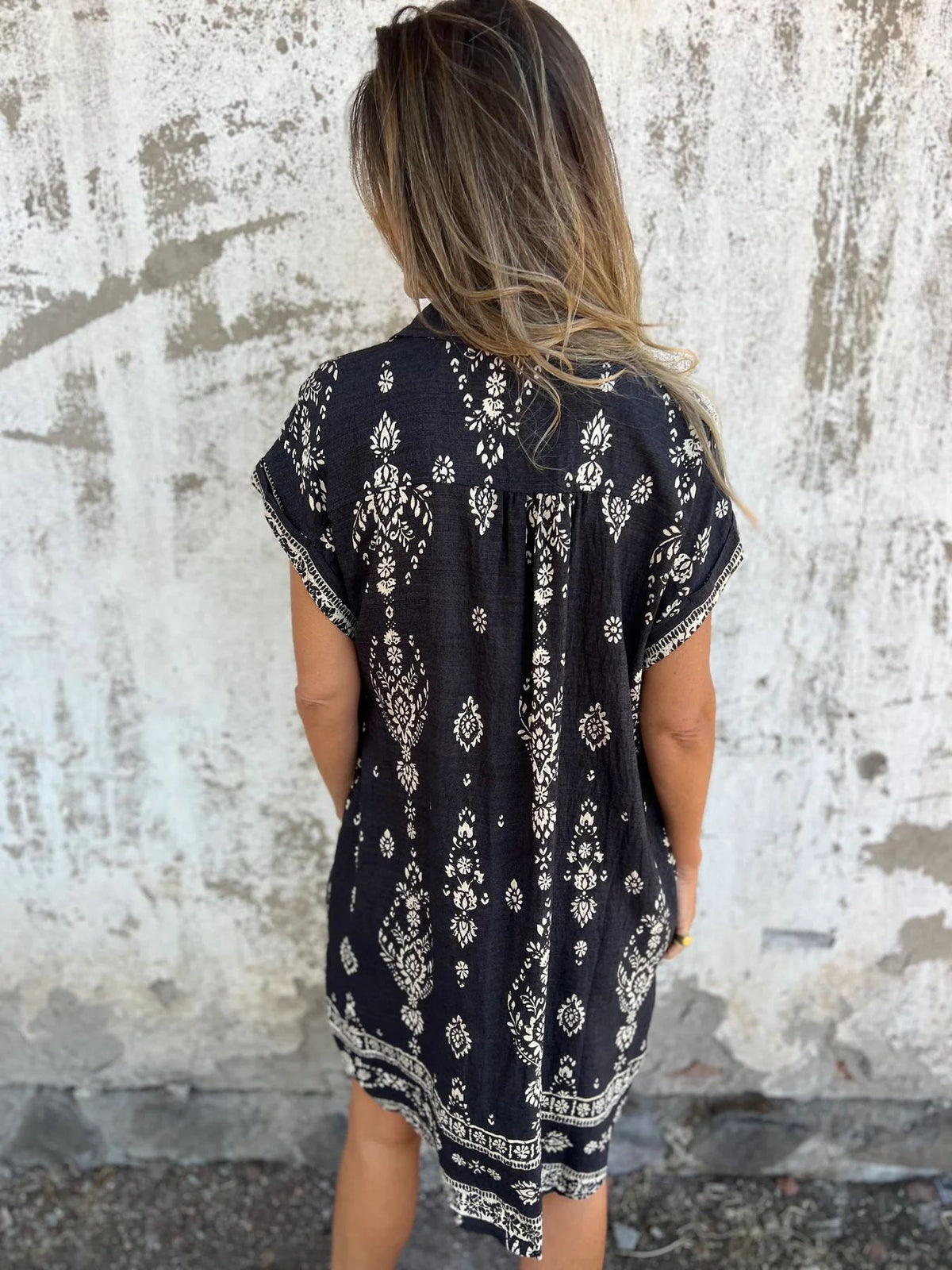 Boho Print Button Down Short Shirt Dress - Black - 4