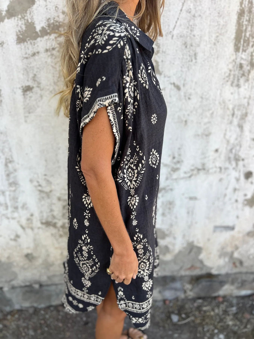 Boho Print Button Down Short Shirt Dress - Black - 5