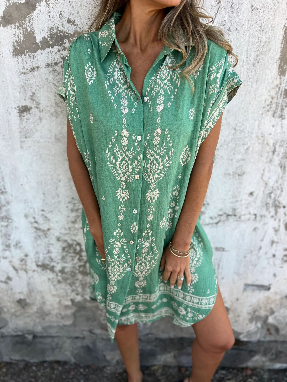 Boho Print Button Down Short Shirt Dress - Green - 2
