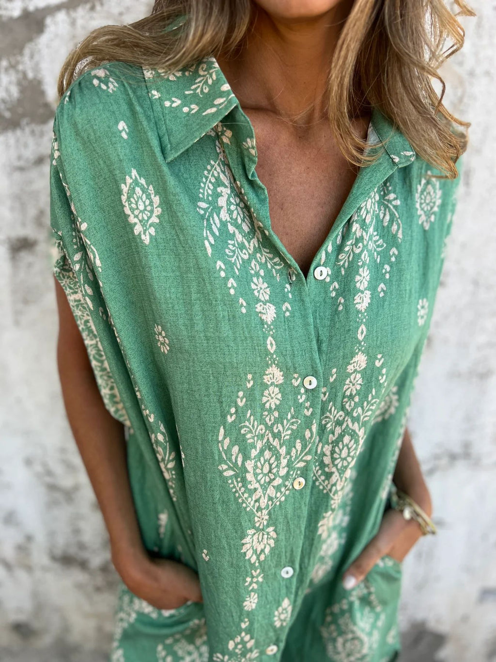 Boho Print Button Down Short Shirt Dress - Green - 3
