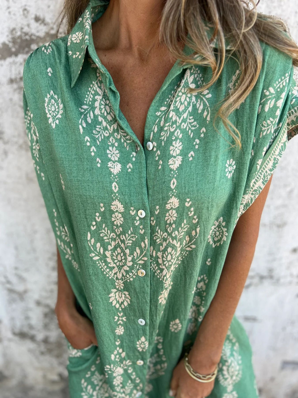 Boho Print Button Down Short Shirt Dress - Green - 4