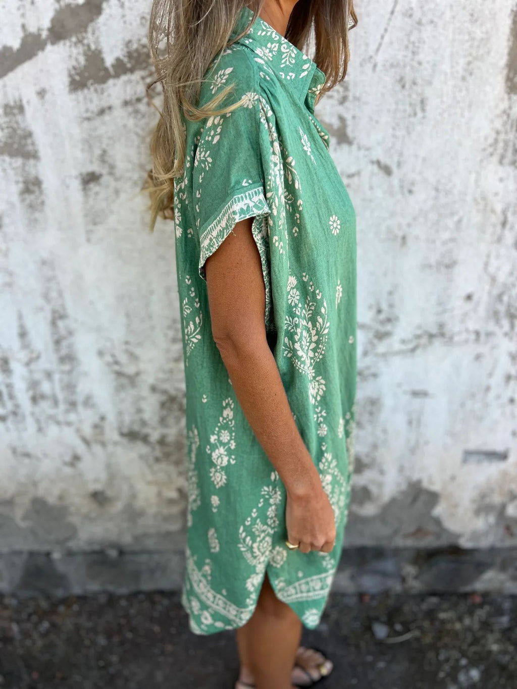 Boho Print Button Down Short Shirt Dress - Green - 5