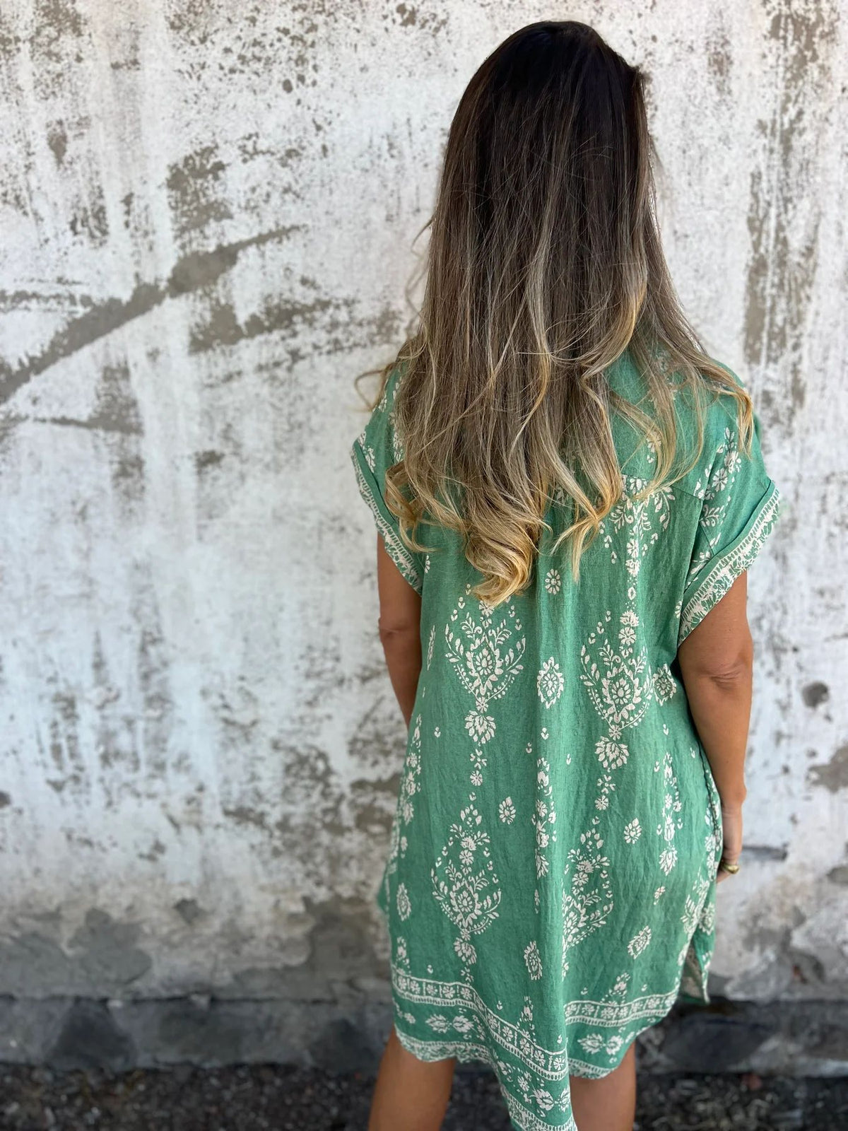 Boho Print Button Down Short Shirt Dress - Green - 6