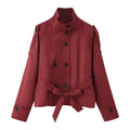 Funnel Neck Belted Cropped Trench Jacket - Burgundy