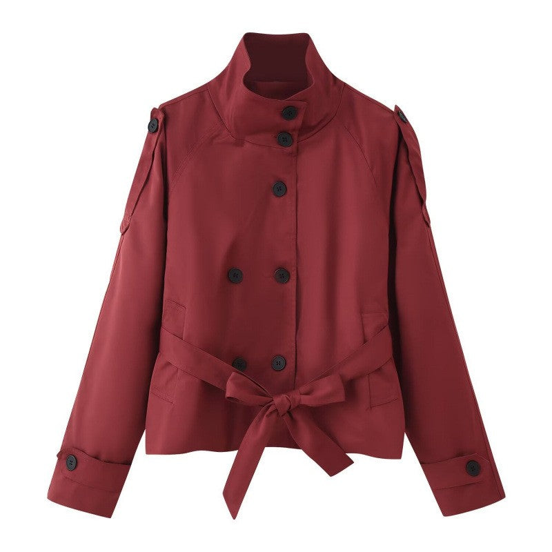 Funnel Neck Belted Cropped Trench Jacket - Burgundy