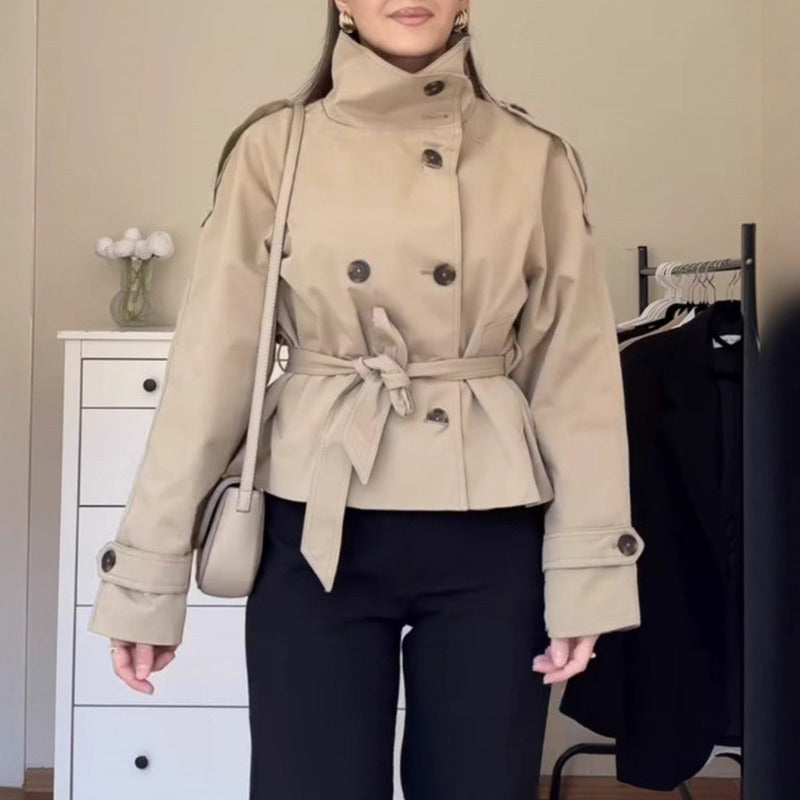 Funnel Neck Belted Cropped Trench Jacket
