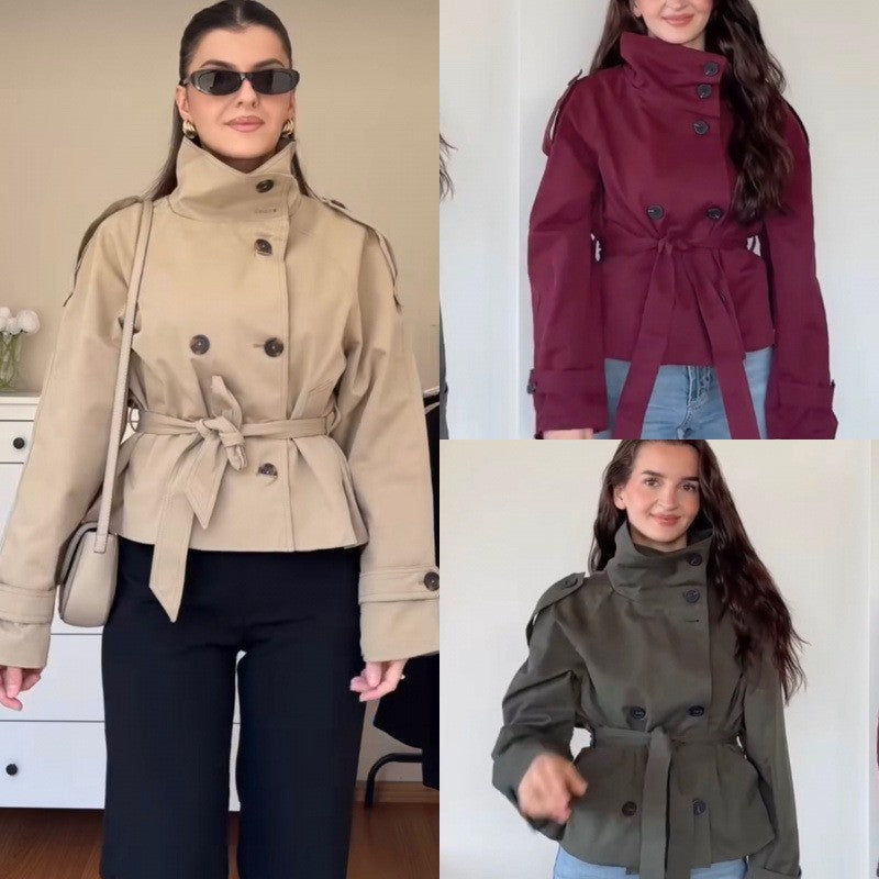 Funnel Neck Belted Cropped Trench Jacket