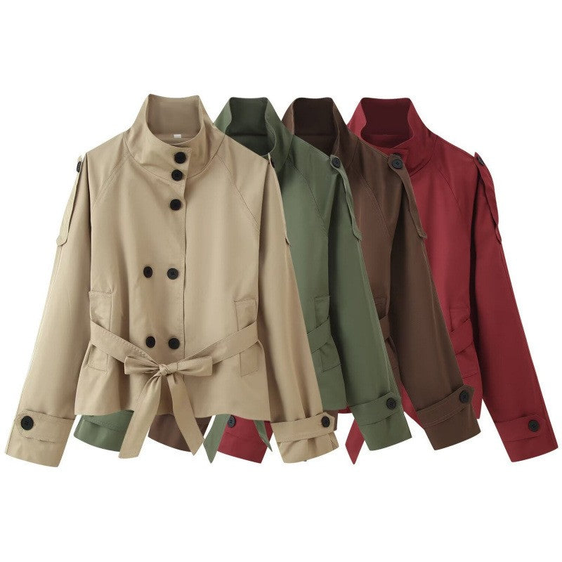 Funnel Neck Belted Cropped Trench Jacket