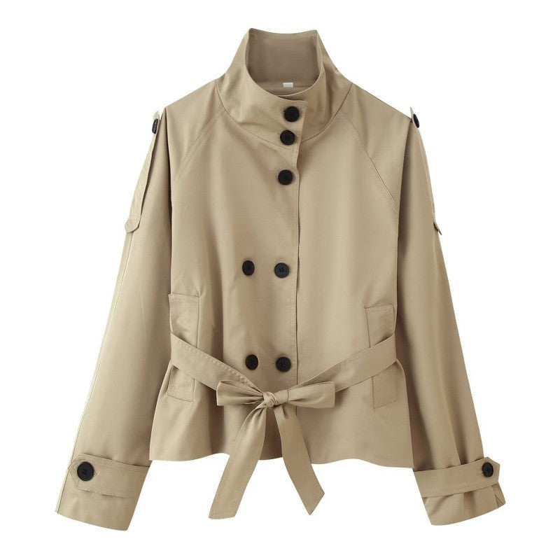Funnel Neck Belted Cropped Trench Jacket