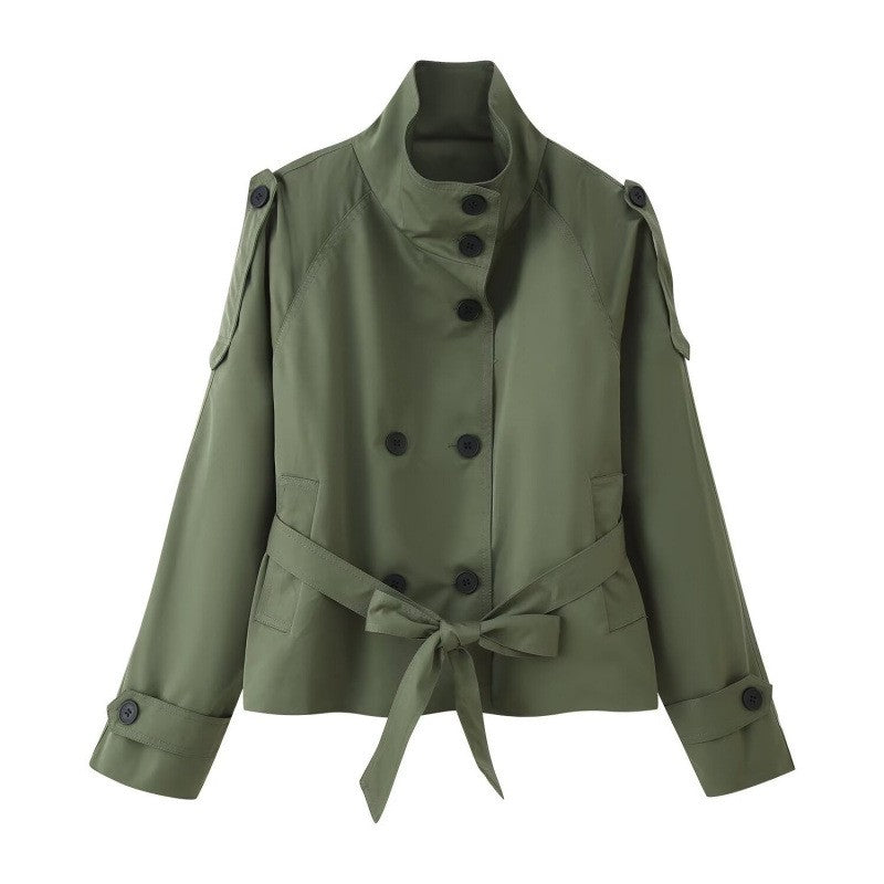 Funnel Neck Belted Cropped Trench Jacket