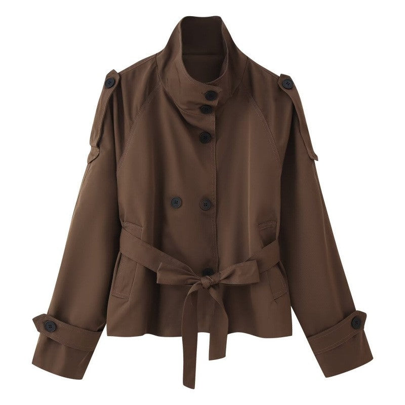 Funnel Neck Belted Cropped Trench Jacket