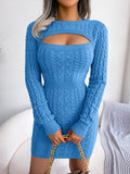 Cable Knit Cutout Bodycon Mini Sweater Dress - Blue