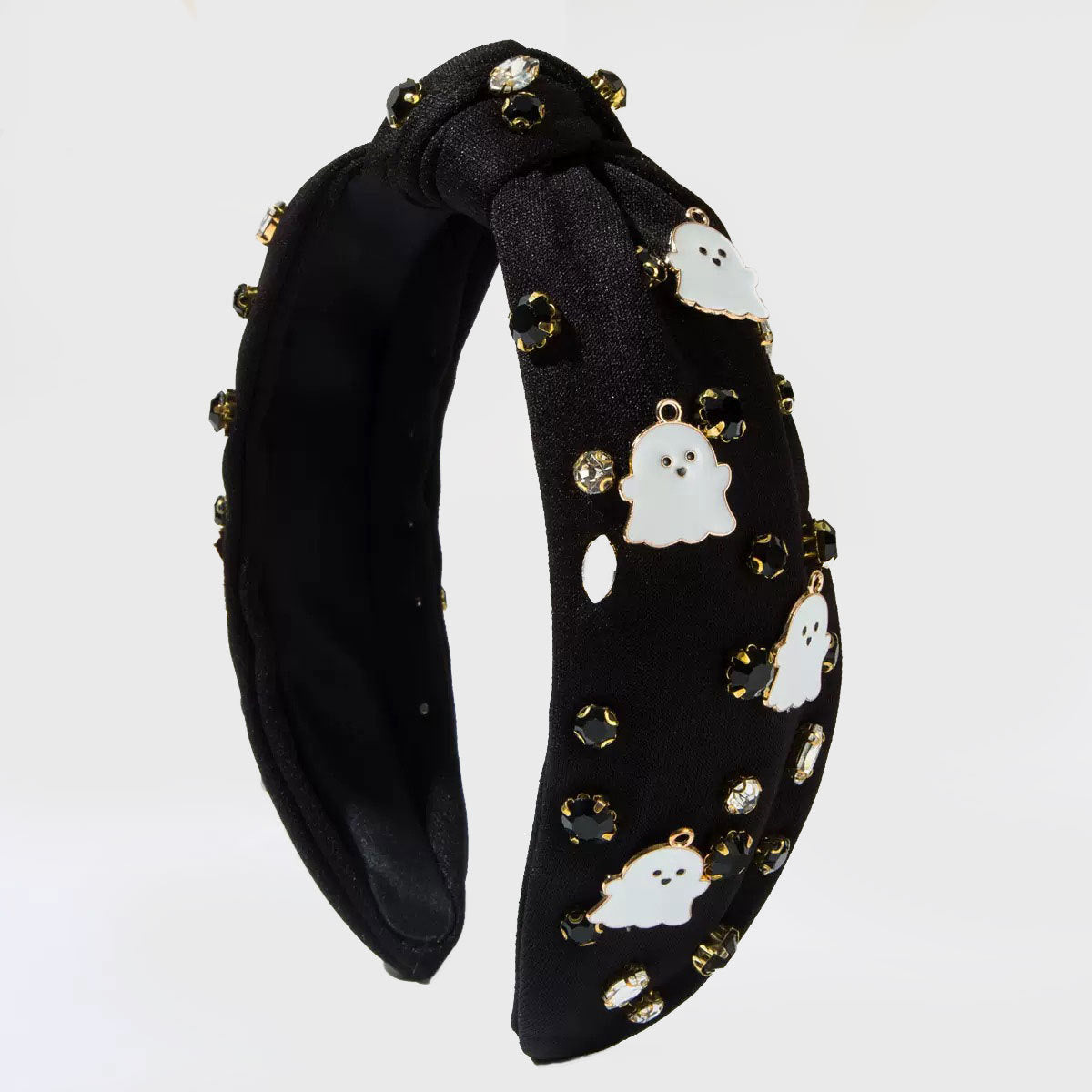 Rhinestone Embellished Knot Headband With Ghosts - Black