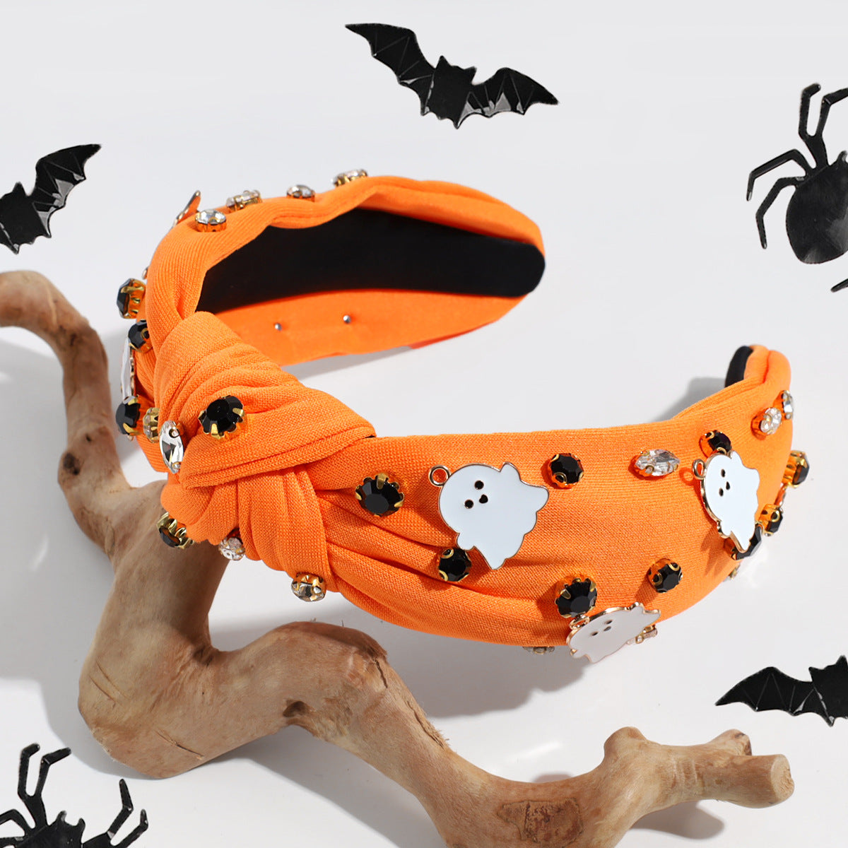 Rhinestone Embellished Knot Headband With Ghosts - Orange