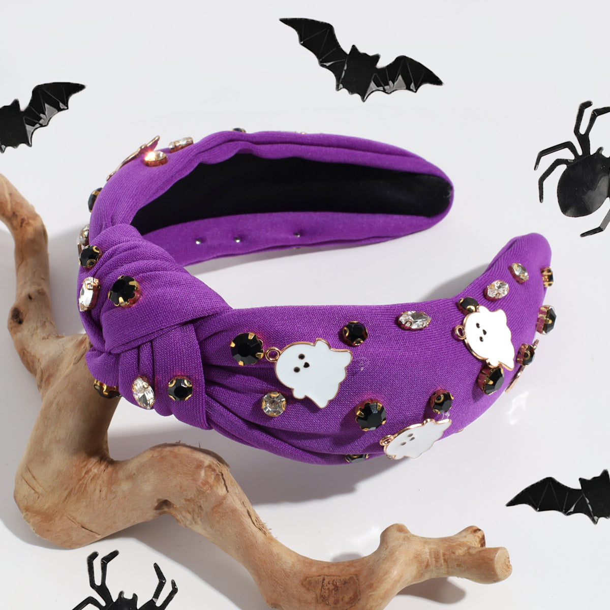 Rhinestone Embellished Knot Headband With Ghosts - Purple