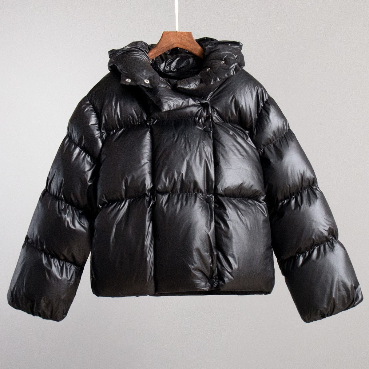 Oversized Hooded Funnel Neck Puffer Jacket - Black
