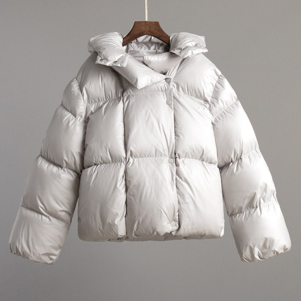Oversized Hooded Funnel Neck Puffer Jacket - Light Grey