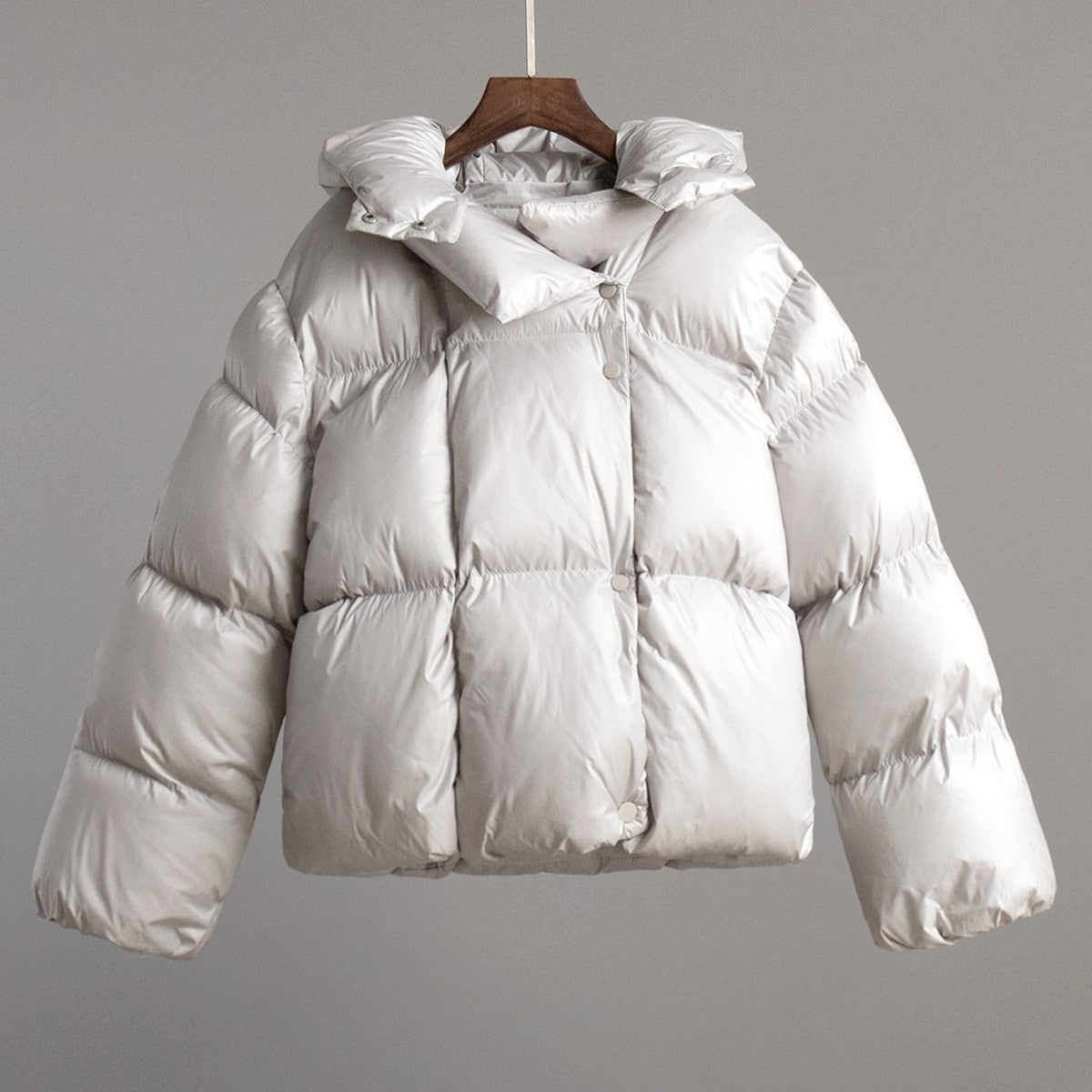 Oversized Hooded Funnel Neck Puffer Jacket - Light Grey