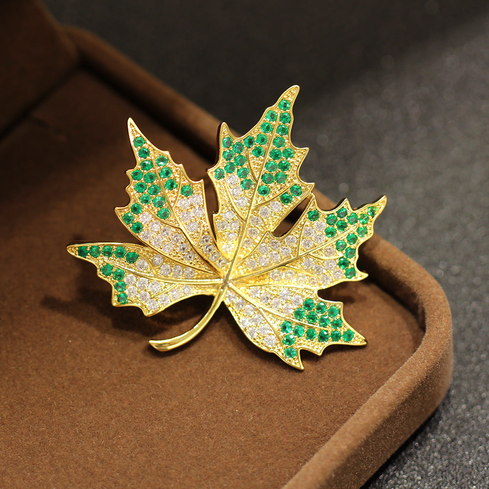 Pave Crystal Maple Leaf Brooch - Green