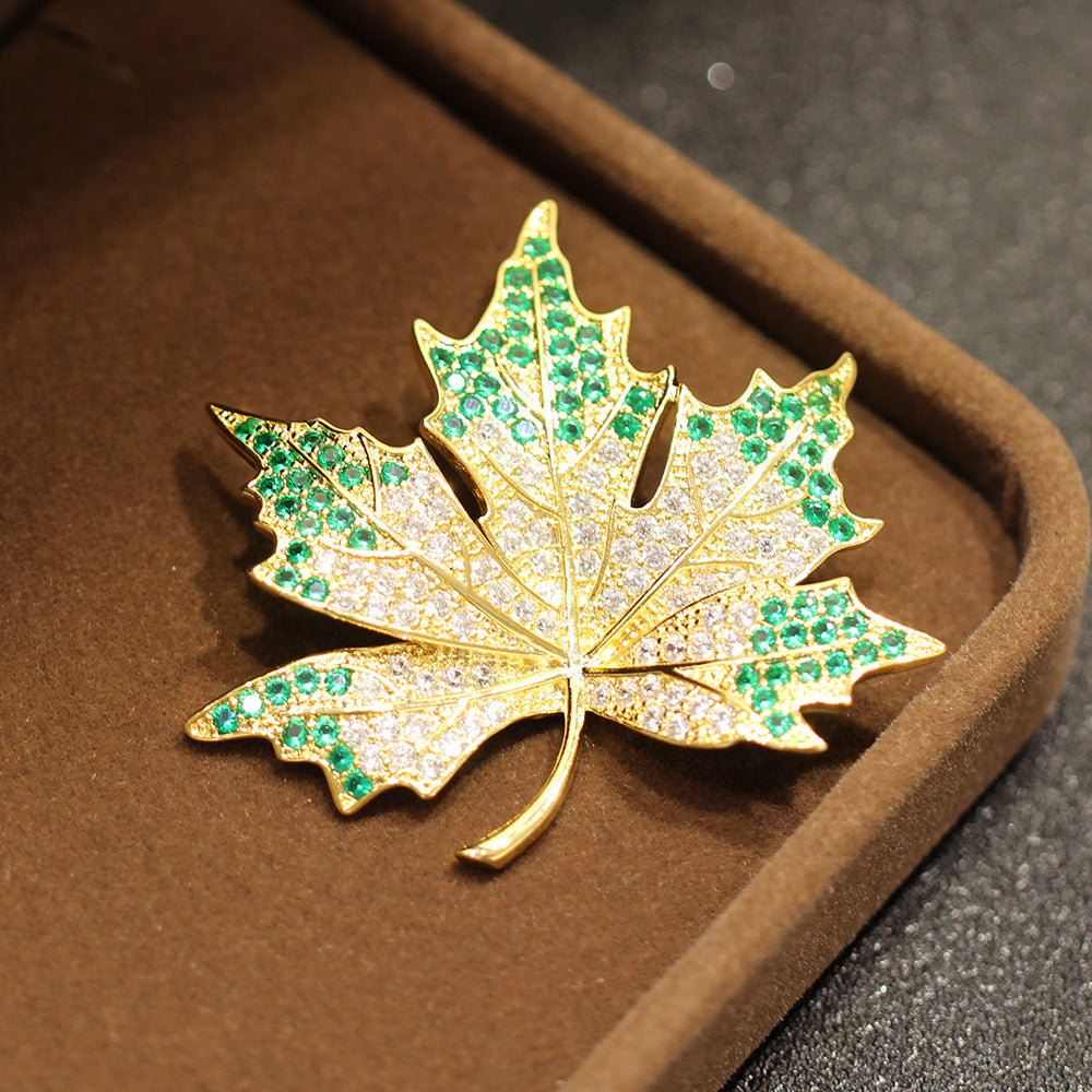 Pave Crystal Maple Leaf Brooch - Green - 1
