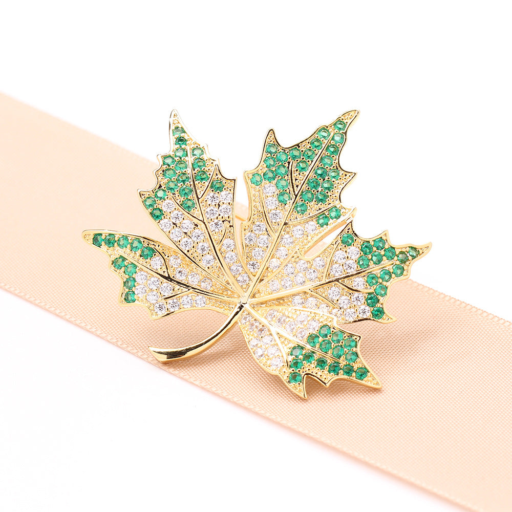 Pave Crystal Maple Leaf Brooch - Green - 2