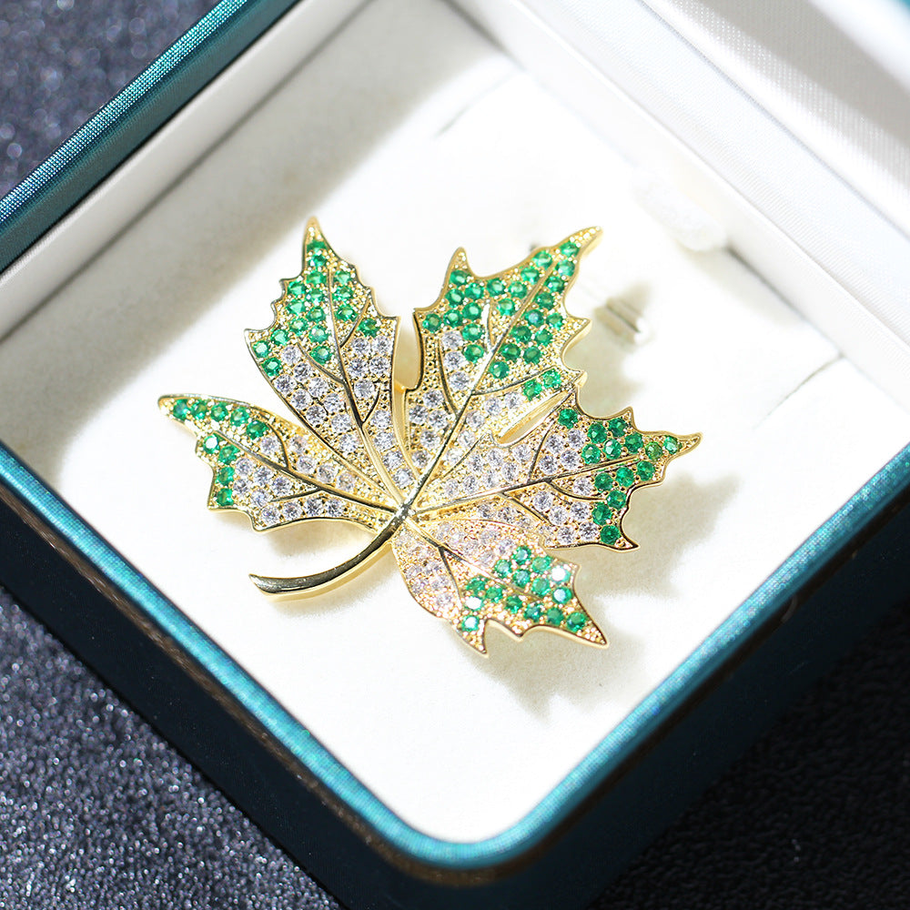 Pave Crystal Maple Leaf Brooch - Green - 4