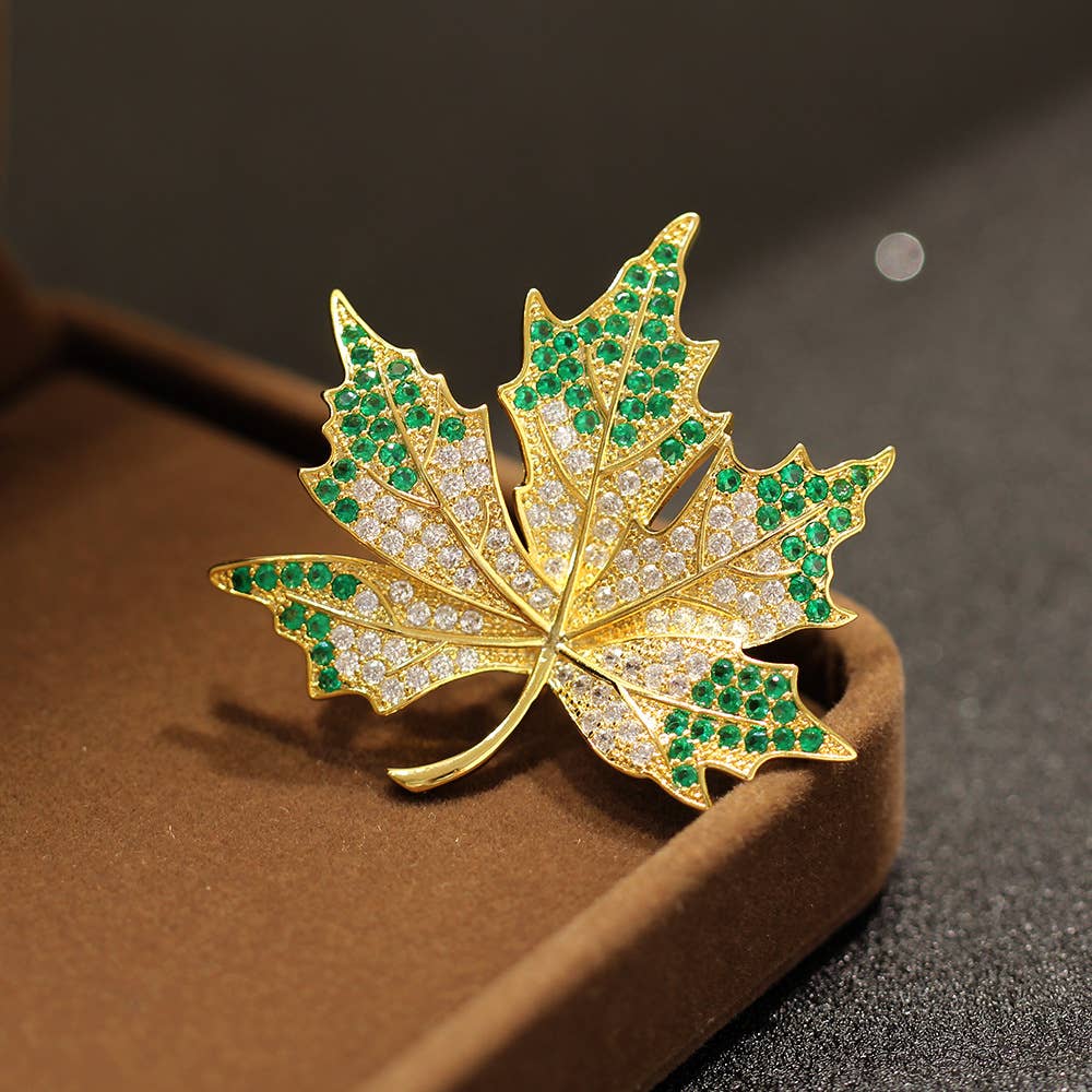 Pave Crystal Maple Leaf Brooch