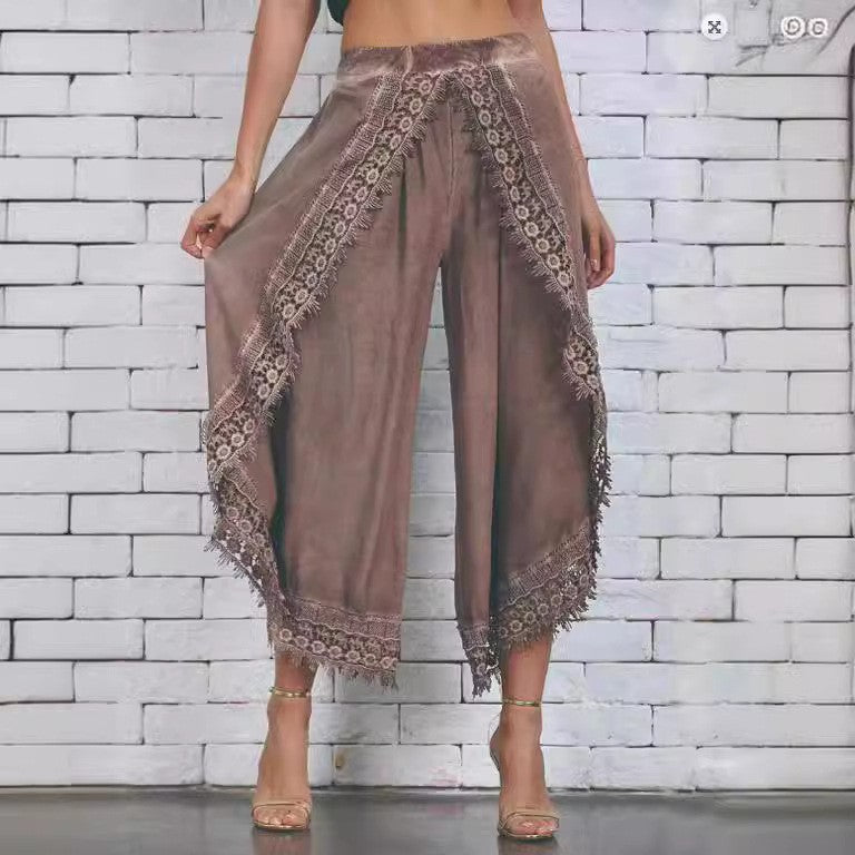Lace Trim Split Leg Palazzo Pants - Khaki