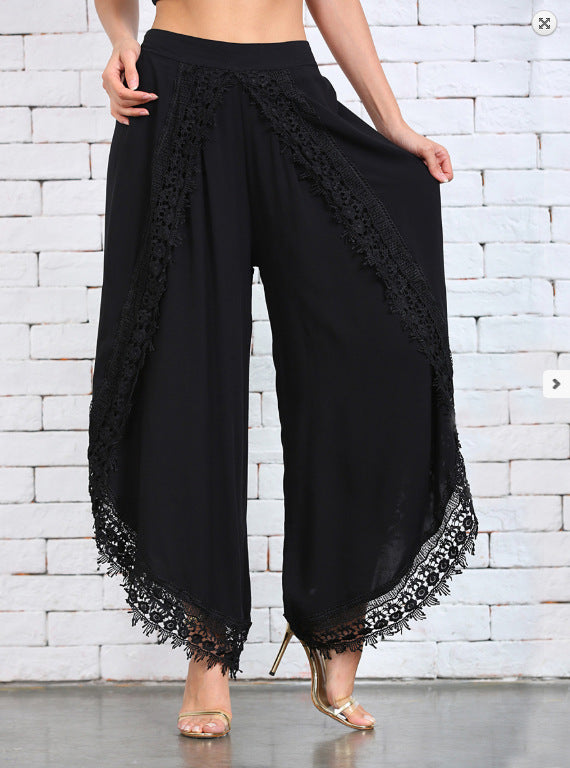 Lace Trim Split Leg Palazzo Pants - black