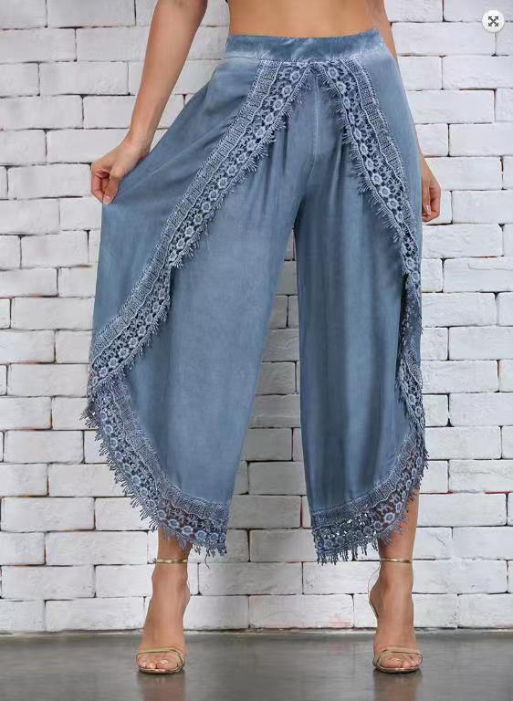 Lace Trim Split Leg Palazzo Pants - blue