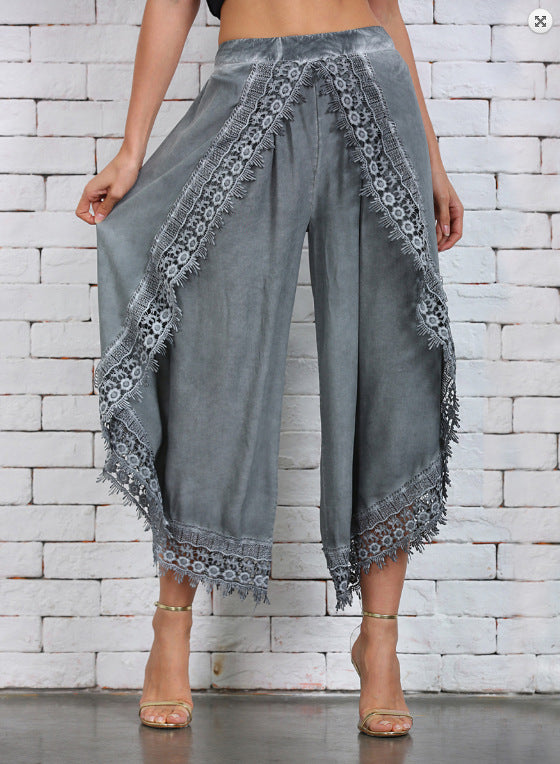 Lace Trim Split Leg Palazzo Pants - grey