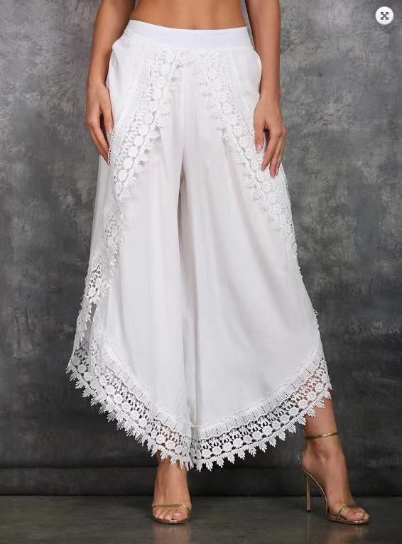Lace Trim Split Leg Palazzo Pants - white