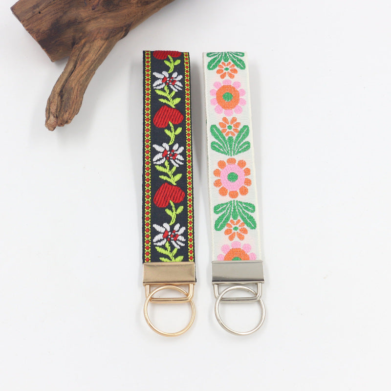 Retro Flower Embroidered Keychain Wristlet - NO-9