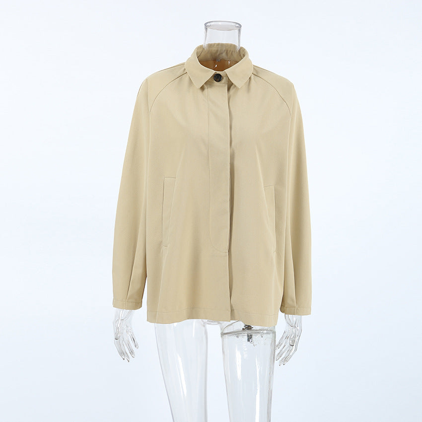 Oversized Point Collar Button Front Jacket - Khaki