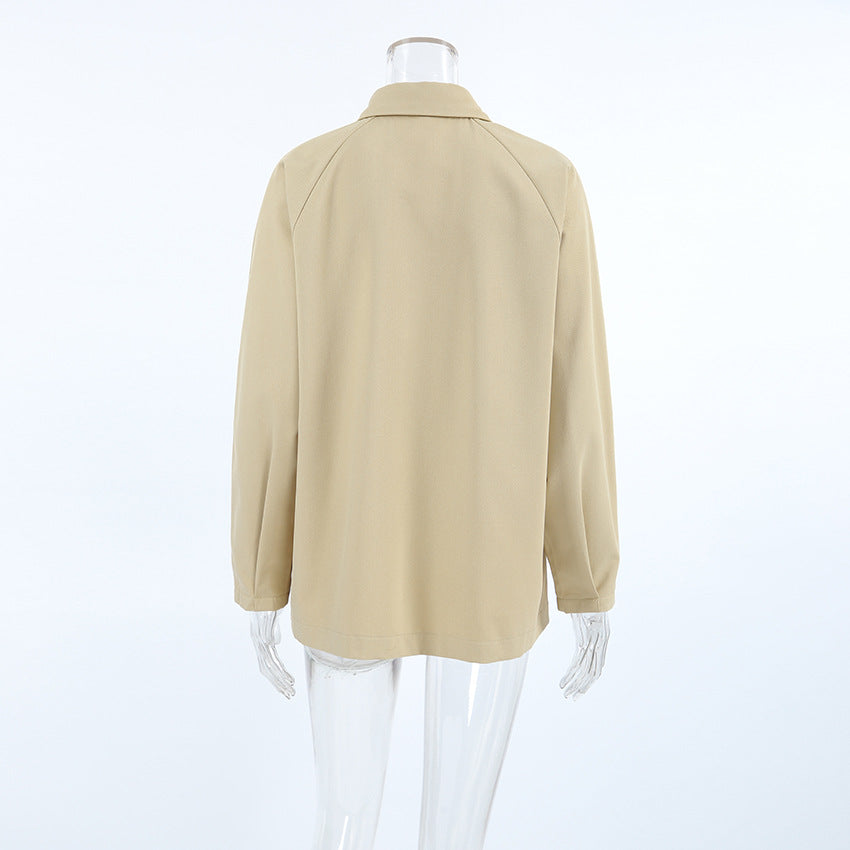 Oversized Point Collar Button Front Jacket - Khaki - 1