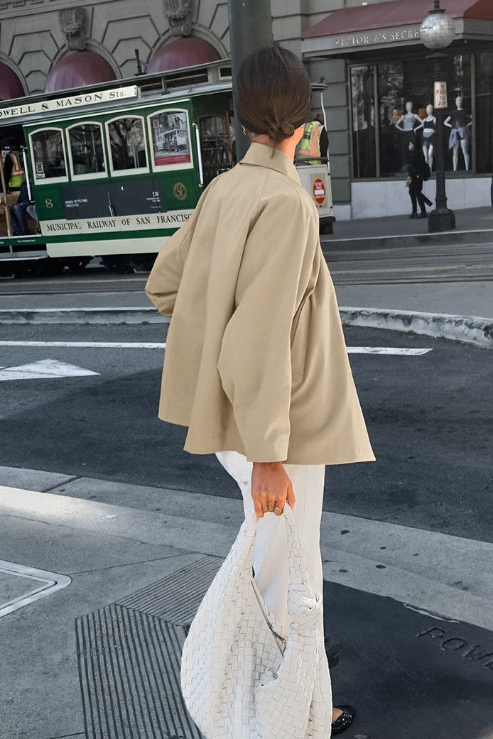 Oversized Point Collar Button Front Jacket - Khaki - 10