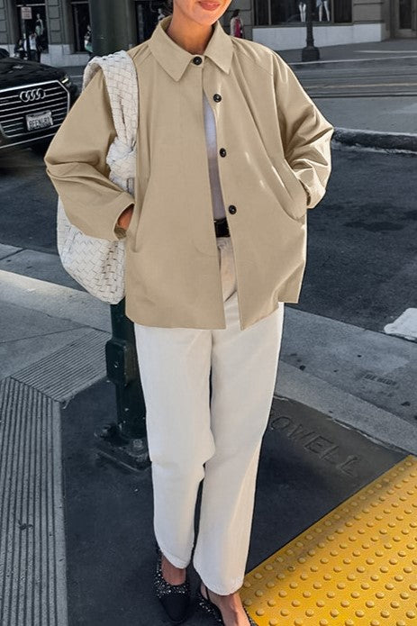 Oversized Point Collar Button Front Jacket - Khaki - 11