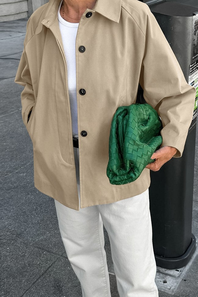 Oversized Point Collar Button Front Jacket - Khaki - 12