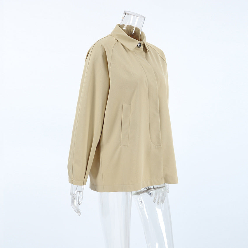 Oversized Point Collar Button Front Jacket - Khaki - 2