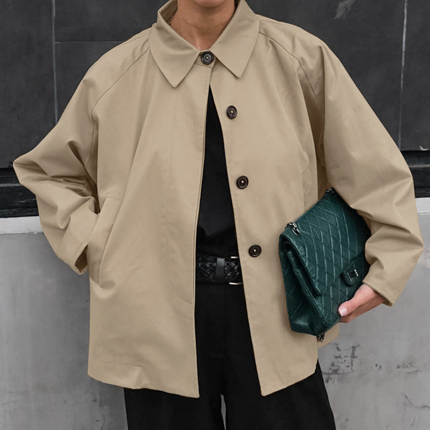 Oversized Point Collar Button Front Jacket - Khaki - 4