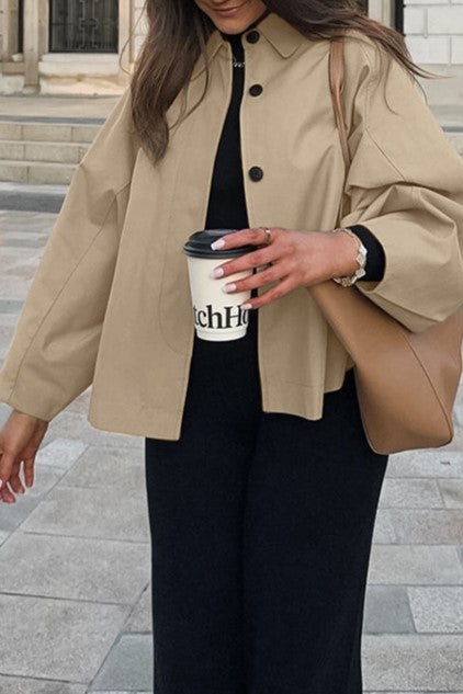 Oversized Point Collar Button Front Jacket - Khaki - 6