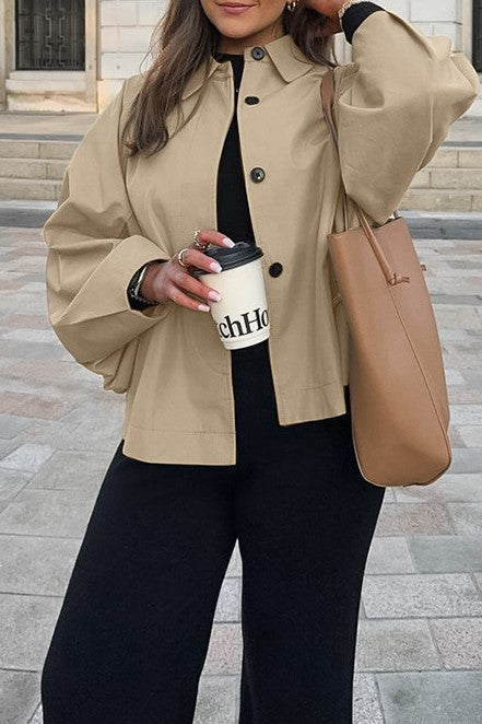 Oversized Point Collar Button Front Jacket - Khaki - 7