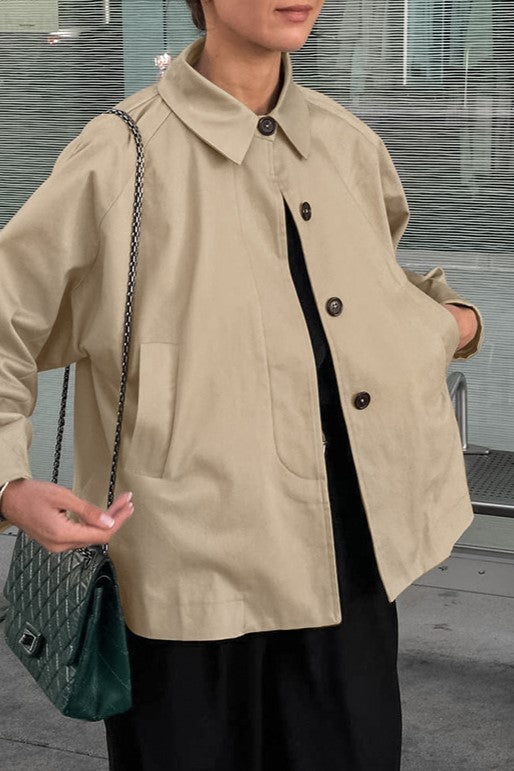 Oversized Point Collar Button Front Jacket - Khaki - 8